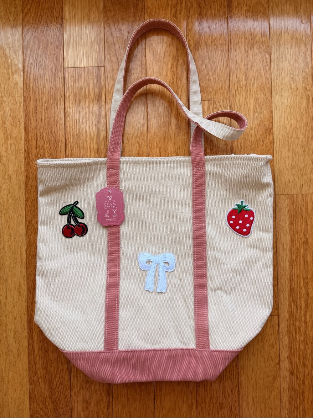 Mayim Heavy Canvas Tote with Pink Trim and Fruit Patches